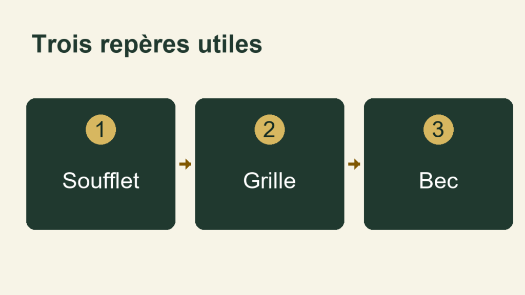 Trois repères : Soufflet, Grille, Bec